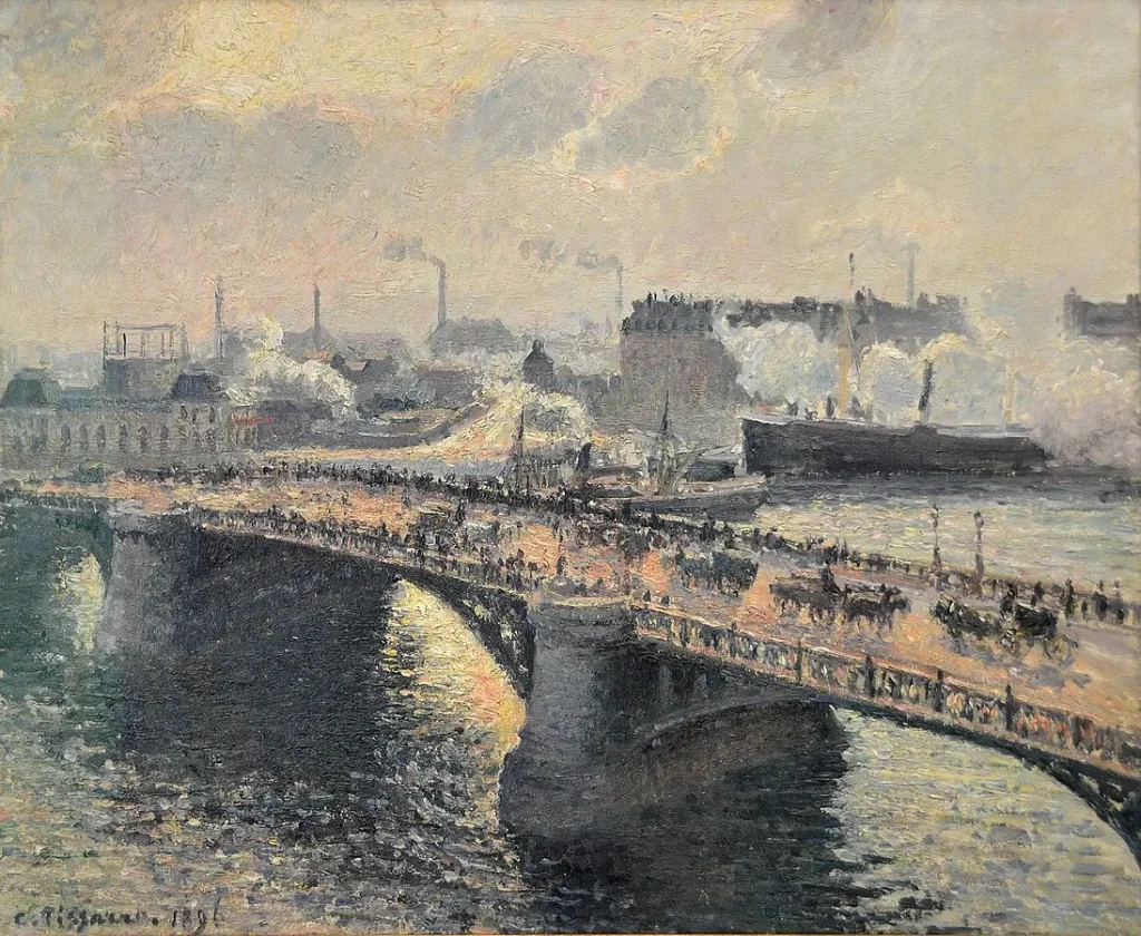 Il dipinto «Il Pont Boieldieu a Rouen, sole al tramonto, tempo nebbioso» di Pissarro, Musée des Beaux-Arts di Rouen