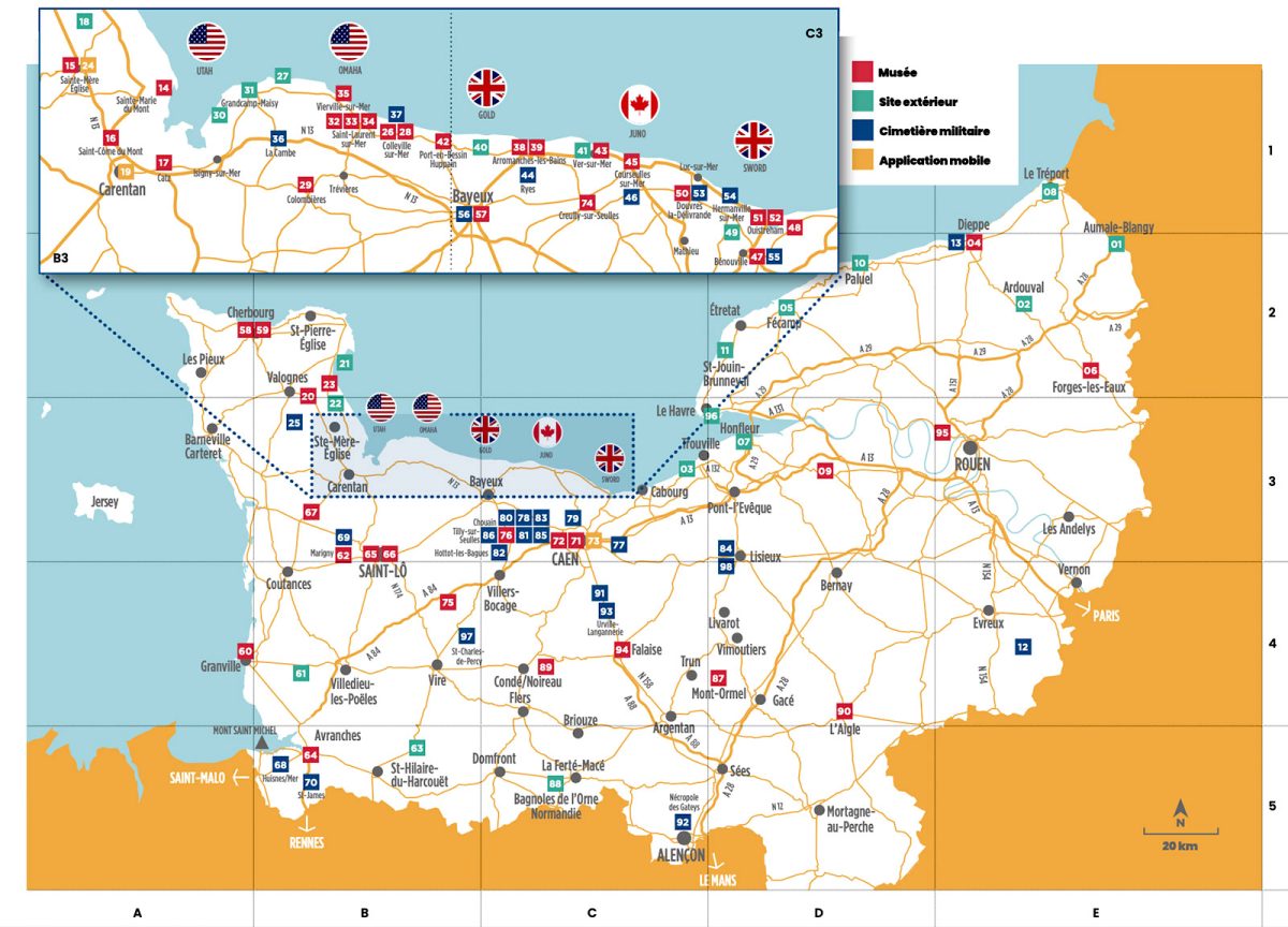 Carte des plages du débarquement de Normandie : Utah, Omaha, Gold, Juno et Sword